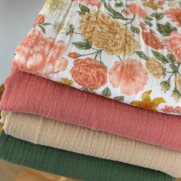Tissu double gaze de coton Elisabeth motif fleurs tons roses et Abricot