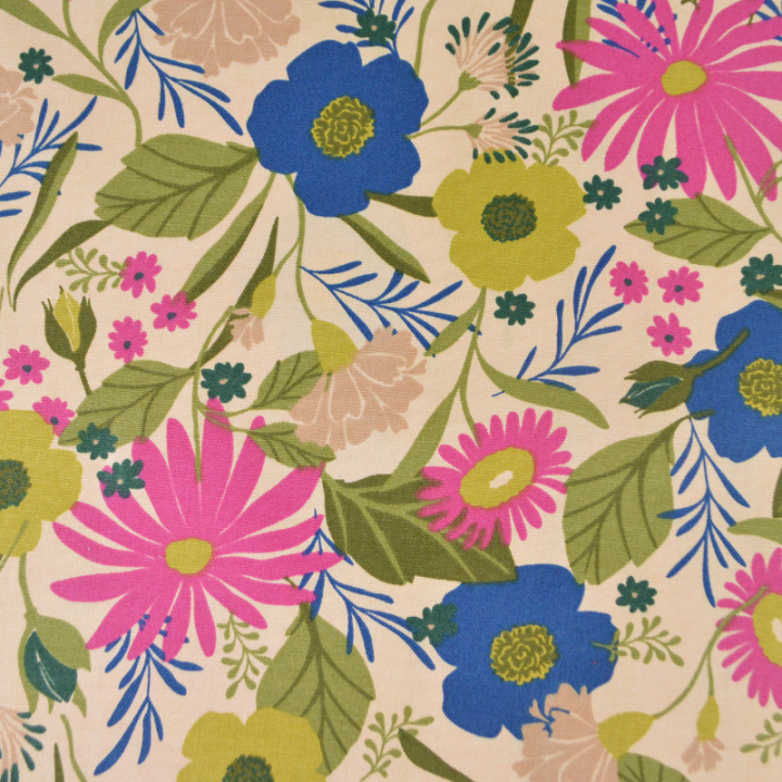 Tissu canva Loricette type bachette motif fleurs bleues et roses fond écru