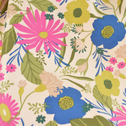 Tissu canva Loricette type bachette motif fleurs bleues et roses fond écru