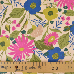 Tissu canva Loricette type bachette motif fleurs bleues et roses fond écru