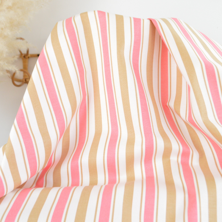 Tissu canva lydia type bachette motif rayures roses et camel