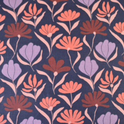 Tissu canva Marjorie type bachette motif fleurs roses fond bleu marine