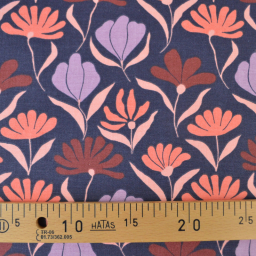 Tissu canva Marjorie type bachette motif fleurs roses fond bleu marine