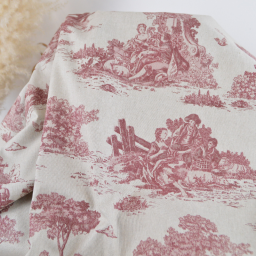 Tissu demi natté coton motif toile de Jouy bordeaux