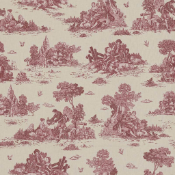 Tissu demi natté coton motif toile de Jouy bordeaux