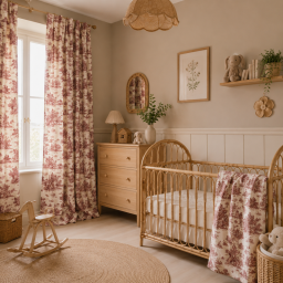 Tissu demi natté coton motif toile de Jouy bordeaux