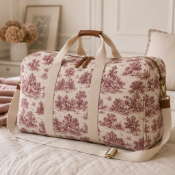 Tissu demi natté coton motif toile de Jouy bordeaux
