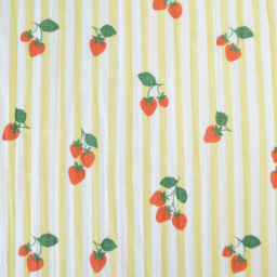 Tissu double gaze de coton Gariguette motif fraises et rayures jaunes