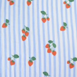 Tissu double gaze de coton Gariguette motif fraises et rayures bleues