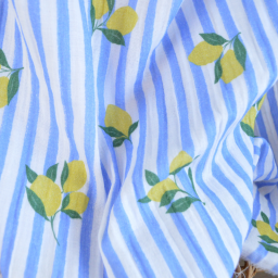 Tissu double gaze de coton Limoncello motif citrons et rayures bleues