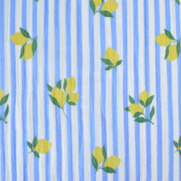 Tissu double gaze de coton Limoncello motif citrons et rayures bleues