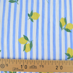 Tissu double gaze de coton Limoncello motif citrons et rayures bleues