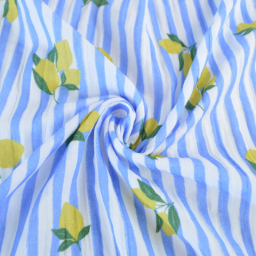 Tissu double gaze de coton Limoncello motif citrons et rayures bleues