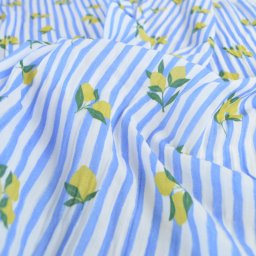 Tissu double gaze de coton Limoncello motif citrons et rayures bleues