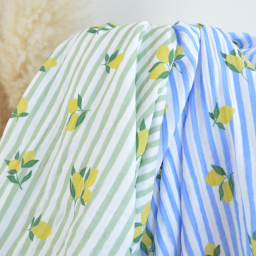 Tissu double gaze de coton Limoncello motif citrons et rayures bleues