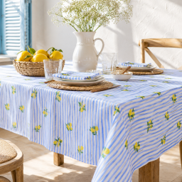 Tissu double gaze de coton Limoncello motif citrons et rayures bleues