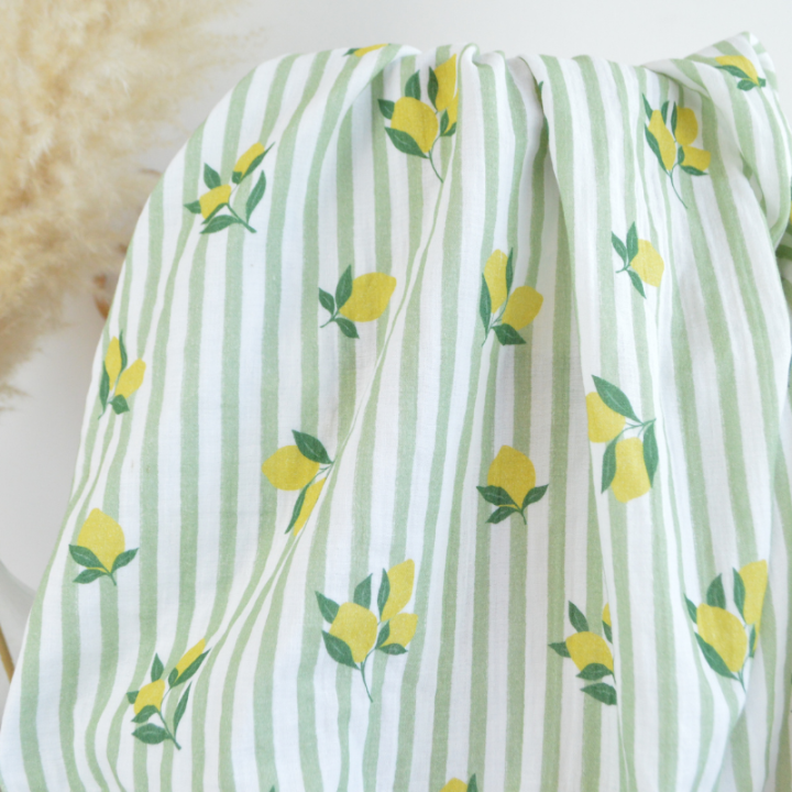 Tissu double gaze de coton Limoncello motif citrons et rayures Amande