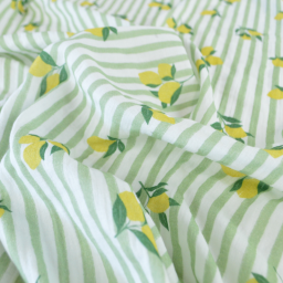 Tissu double gaze de coton Limoncello motif citrons et rayures Amande