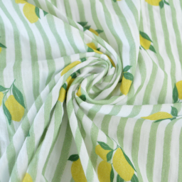 Tissu double gaze de coton Limoncello motif citrons et rayures Amande