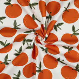 Tissu demi natté canvas motif oranges fond blanc