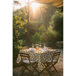 Tissu demi natté canvas motif oranges fond Pêche