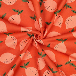 Tissu demi natté canvas motif citrons fond orange