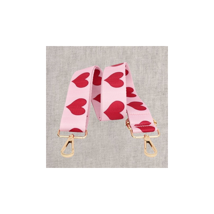 Bandoulière Sangle Coeurs rouges fond rose - 40mm