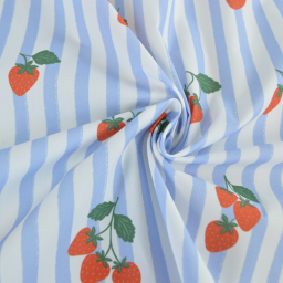 Tissu Popeline de coton Gariguette motif fraises et rayures bleues - OEKO TEX