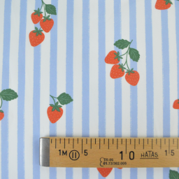 Tissu Popeline de coton Gariguette motif fraises et rayures bleues - OEKO TEX