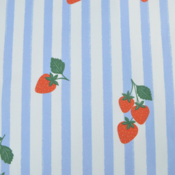 Tissu Popeline de coton Gariguette motif fraises et rayures bleues - OEKO TEX