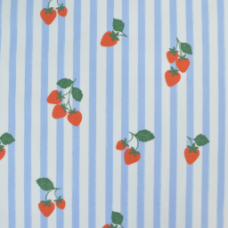 Tissu Popeline de coton Gariguette motif fraises et rayures bleues - OEKO TEX