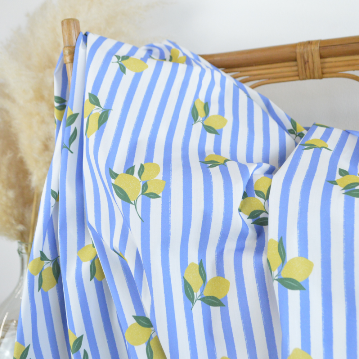 Tissu Popeline de coton Limoncello motif citrons et rayures bleues - OEKO TEX