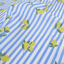 Tissu Popeline de coton Limoncello motif citrons et rayures bleues - OEKO TEX