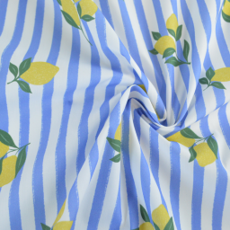 Tissu Popeline de coton Limoncello motif citrons et rayures bleues - OEKO TEX