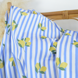 Tissu Popeline de coton Limoncello motif citrons et rayures bleues - OEKO TEX