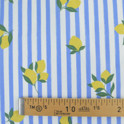 Tissu Popeline de coton Limoncello motif citrons et rayures bleues - OEKO TEX