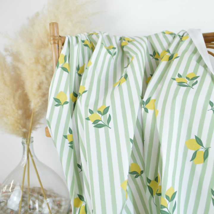 Tissu Popeline de coton Limoncello motif citrons et rayures amande - OEKO TEX