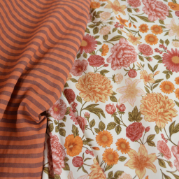 Tissu Popeline de coton Elisabeth motif fleurs rose et abricot - OEKO TEX