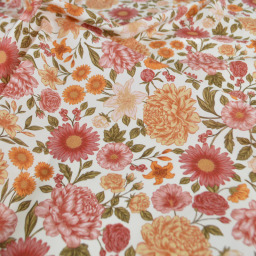 Tissu Popeline de coton Elisabeth motif fleurs rose et abricot - OEKO TEX