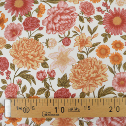 Tissu Popeline de coton Elisabeth motif fleurs rose et abricot - OEKO TEX