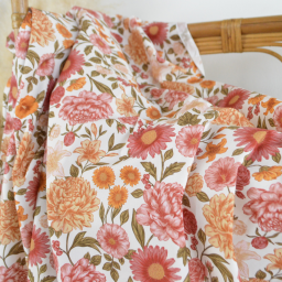 Tissu Popeline de coton Elisabeth motif fleurs rose et abricot - OEKO TEX