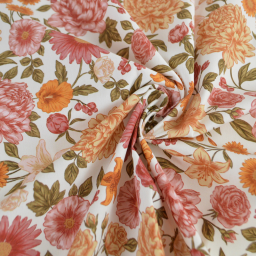 Tissu Popeline de coton Elisabeth motif fleurs rose et abricot - OEKO TEX