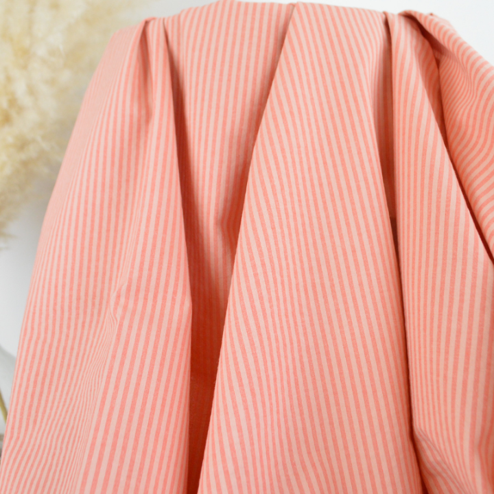 Tissu seersucker à rayures fines - Corail et Nude