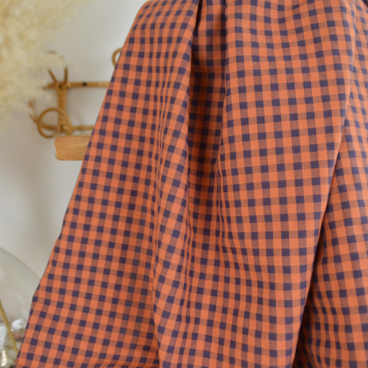 Tissu seersucker Vichy grands carreaux Caramel et Aubergine - OEKO TEX