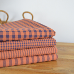 Tissu seersucker Vichy grands carreaux Caramel et Aubergine - OEKO TEX
