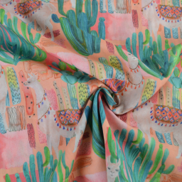 Tissu voile de coton motif cactus et lamas - corail
