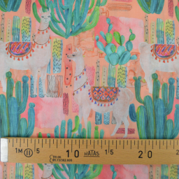 Tissu voile de coton motif cactus et lamas - corail