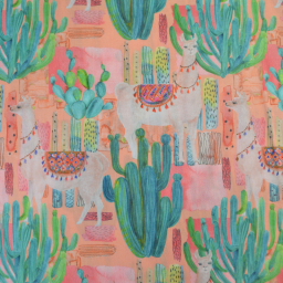 Tissu voile de coton motif cactus et lamas - corail
