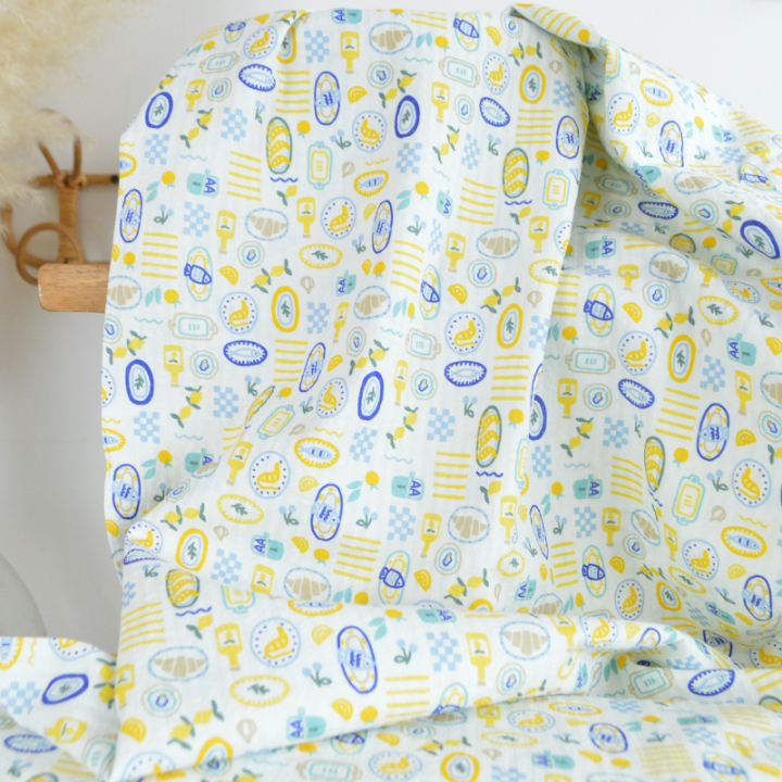 Tissu Seersucker Imprimé Riviera Gourmande Jaune et Bleu