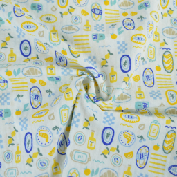 Tissu Seersucker Imprimé Riviera Gourmande Jaune et Bleu